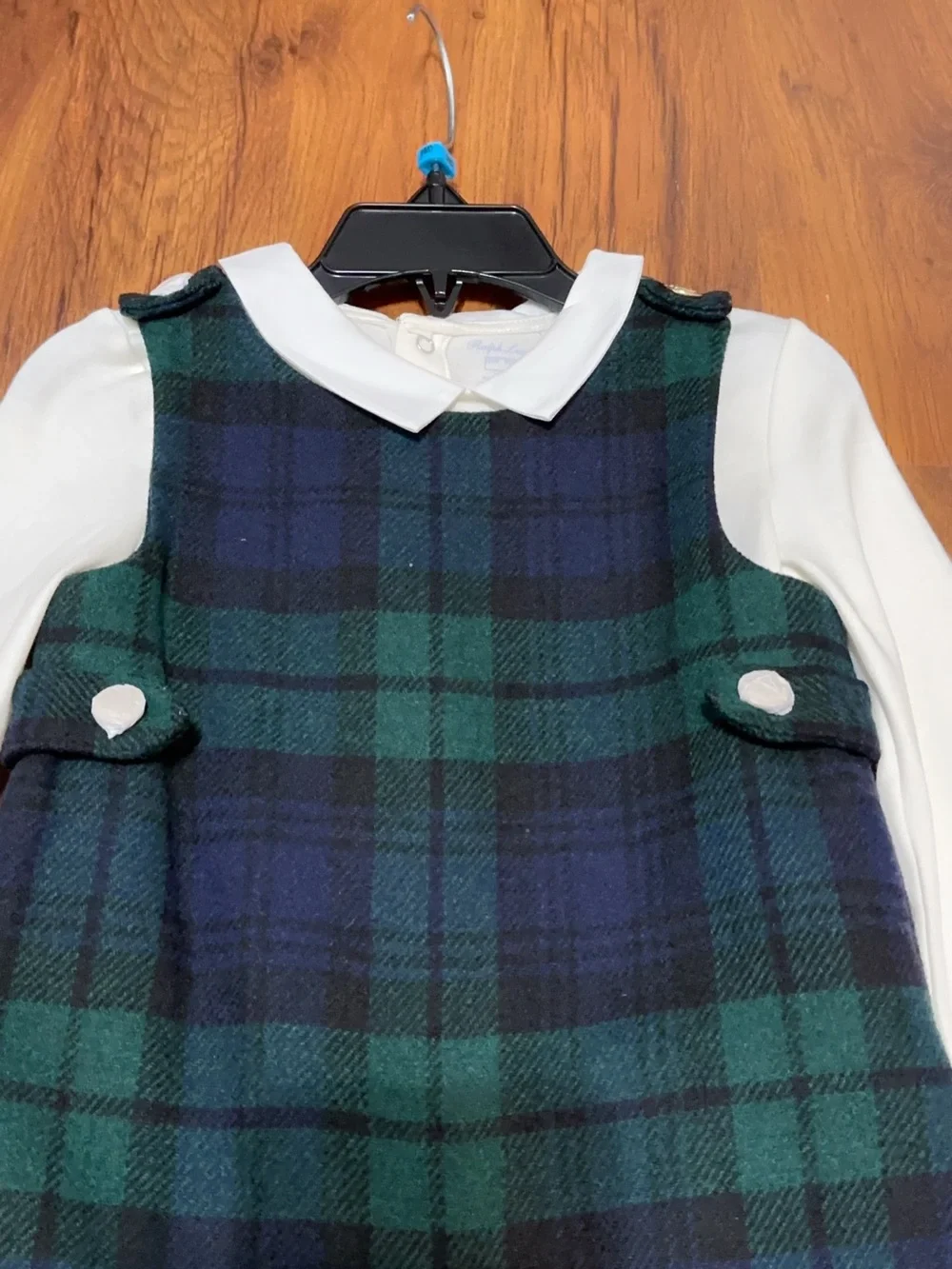 Ralph Lauren Wool Green and Navy Plaid Infant Romper with White Collared Shirt